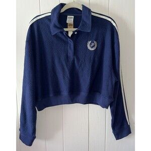 Victoria’s Secret PINK Reverse Fleece Navy Cropped Sweater With Buttons Large